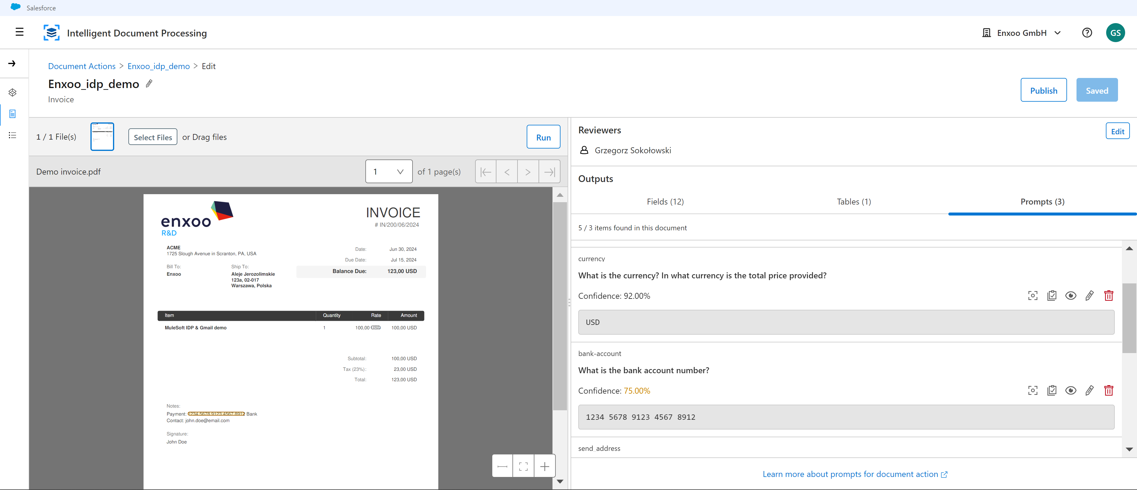 Intelligent Document Processing: Verification view of transferred data, along with a preview of the record probability